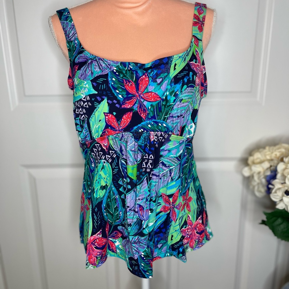 Swimsuits for All Tankini Top Swim Blue Tropical Print Size 16 B10